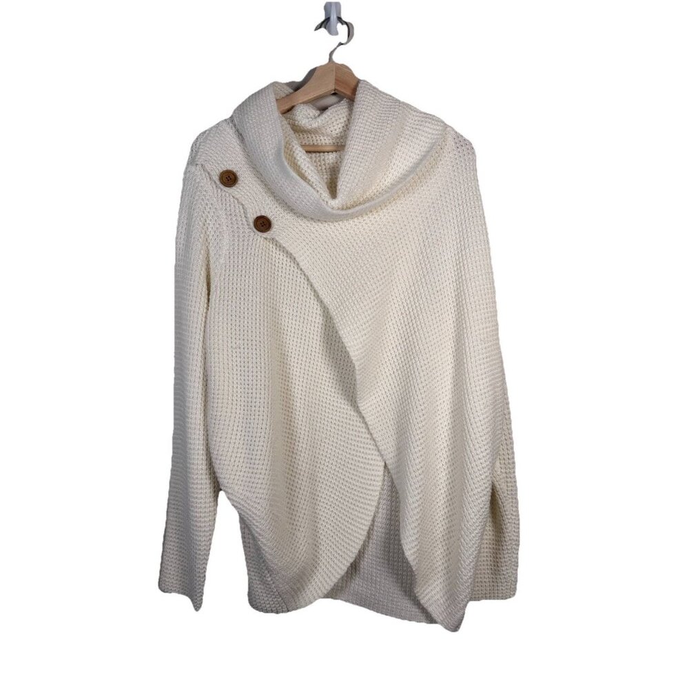 Kate and Sam Overlap Sweater Women’s L Ivory Cowl Neck Waffle‎ Knit Cape Split